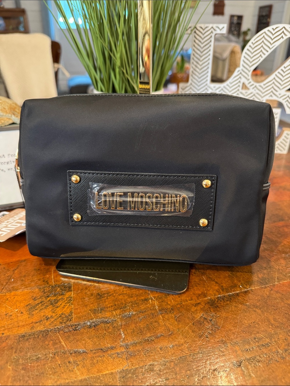 Love Moschino Black Toiletry Pouch with Gold Logo Plate